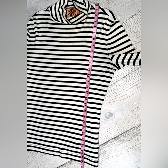 Tory Burch Stripe Turtleneck medium button cuffs long length black cream - Picture 10 of 16